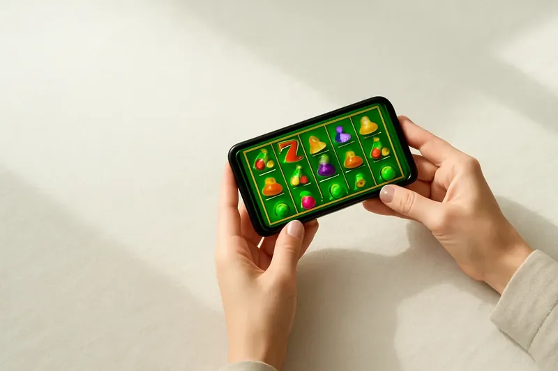 Woman's hands holding smartphone with bright casino game on linen surface