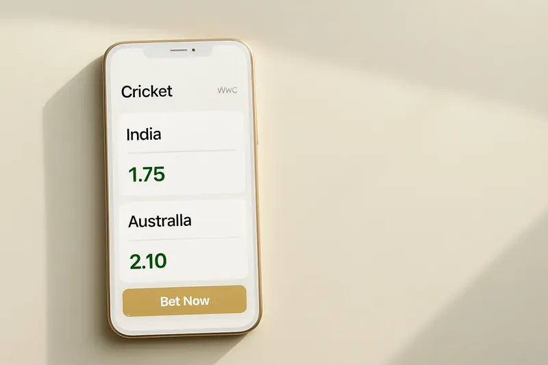 Phone screen showing modern cricket betting odds interface in white and gold
