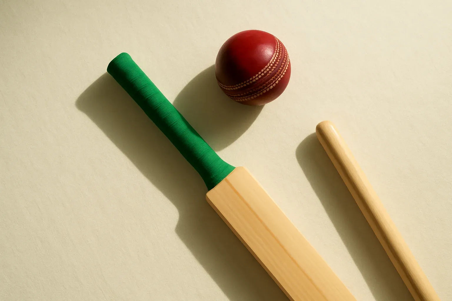 Overhead flat lay of cricket ball, bat handle and stump