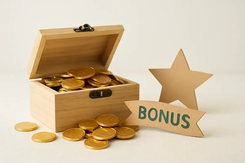 Open treasure box spilling gold coins with star badge and bonus ribbon