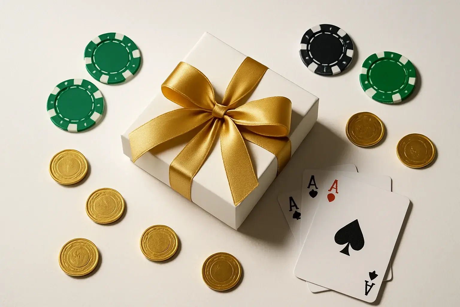 Premium gift box with casino chips, cards, and gold coins