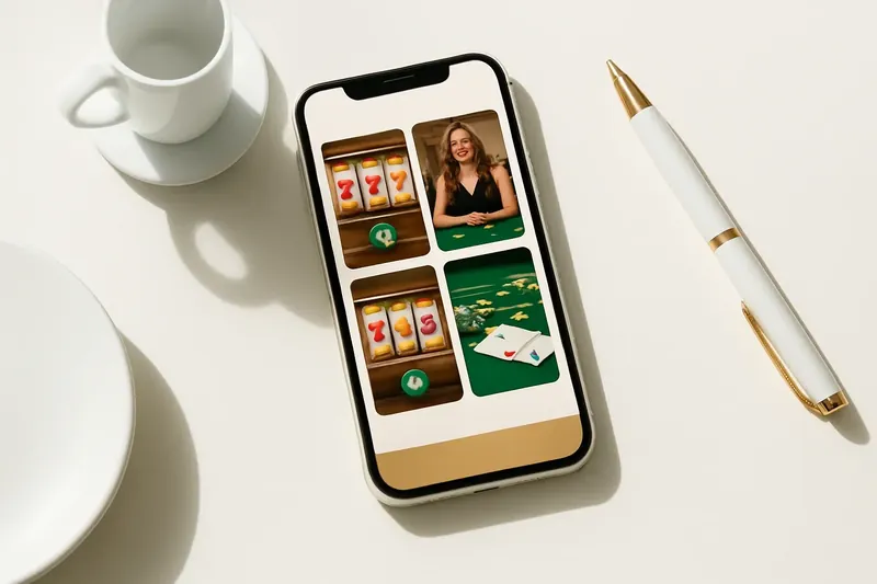 Mobile phone showing casino app with slots and live casino games