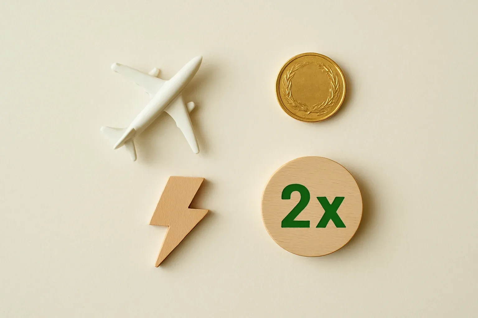 Overhead flat lay with airplane, gold coin, lightning token, and multiplier badge