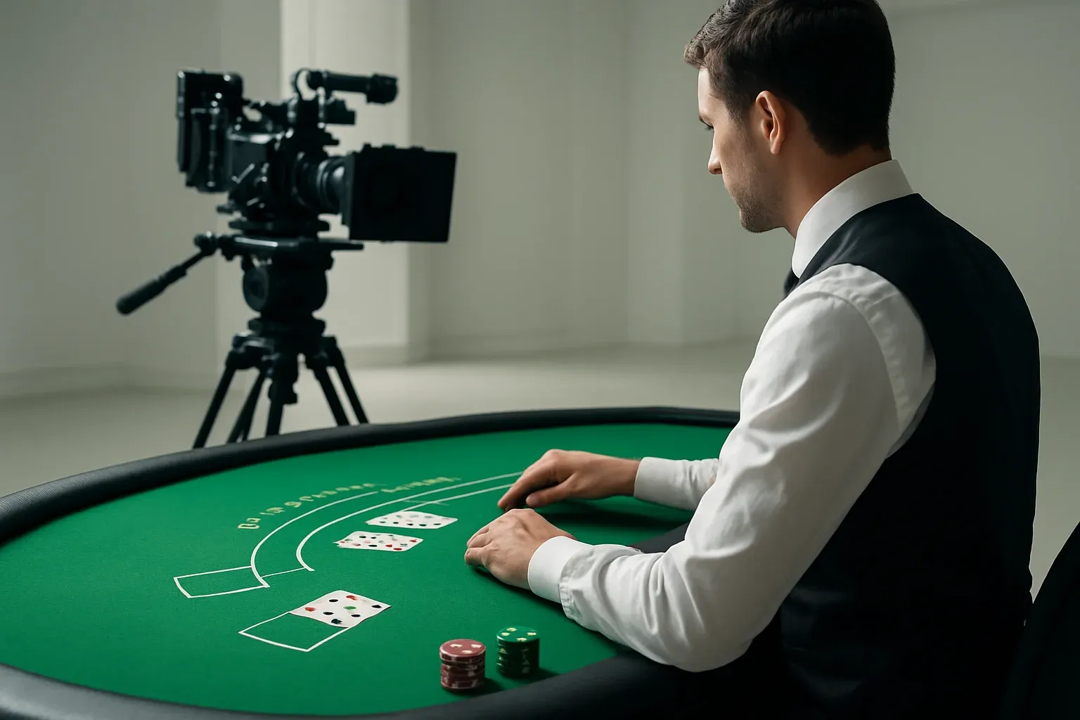 Professional live casino studio with blackjack table and camera rig